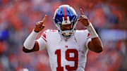 New York Giants quarterback Jameis Winston (19) reacts before the game against the Denver Broncos at Empower Field at Mile High. 