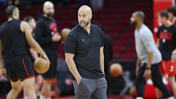 Oct 29, 2023; Houston, Texas, USA; Houston Rockets general manager Rafael Stone watches during practice before the game against the Golden State Warriors at Toyota Center. Mandatory Credit: Troy Taormina-Imagn Images