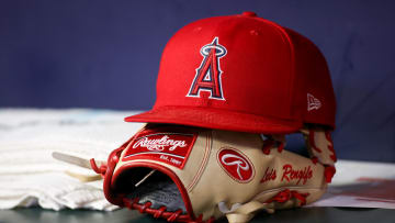 A detailed view of a Los Angeles Angels hat and glove