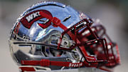 Oct 2, 2021; East Lansing, Michigan, USA; A detailed view of a Western Kentucky Hilltoppers helmet before the game against the Michigan State Spartans at Spartan Stadium. Mandatory Credit: Raj Mehta-Imagn Images