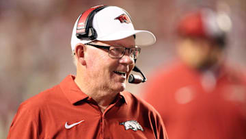 Aug 29, 2024; Little Rock, Arkansas, USA; Arkansas Razorbacks offensive coordinator Bobby Petrino during the second half against the Pine Bluff Golden Lions at War Memorial Stadium. Arkansas won 70-0. Mandatory Credit: Nelson Chenault-Imagn Images