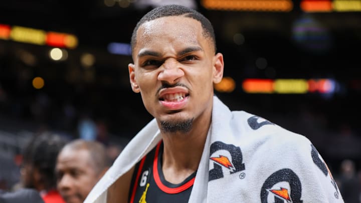 Mar 28, 2023; Atlanta, Georgia, USA; Atlanta Hawks guard Dejounte Murray (5) reacts after a victory against the Cleveland Cavaliers at State Farm Arena. Mandatory Credit: Brett Davis-Imagn Images
