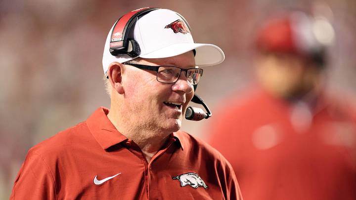 Aug 29, 2024; Little Rock, Arkansas, USA; Arkansas Razorbacks offensive coordinator Bobby Petrino during the second half against the Pine Bluff Golden Lions at War Memorial Stadium. Arkansas won 70-0. Mandatory Credit: Nelson Chenault-Imagn Images