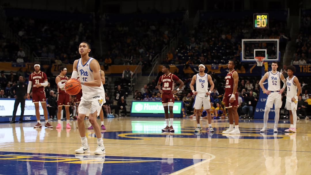 Mar 8, 2025; Pittsburgh, Pennsylvania, USA;  Pittsburgh Panthers guard Jaland Lowe (15) shoots a free throw after flagrant foul by the Boston College Eagles during the second half at the Petersen Events Center. Mandatory Credit: Charles LeClaire-Imagn Images