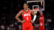 Mar 5, 2023; Houston, Texas, USA; Houston Rockets guard TyTy Washington Jr. (0) during the game against the San Antonio Spurs at Toyota Center. Mandatory Credit: Erik Williams-Imagn Images