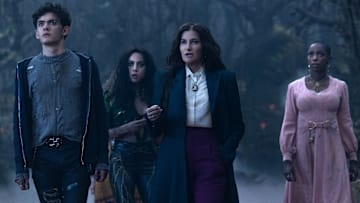 (L-R): Teen (Joe Locke), Rio Vidal (Aubrey Plaza), Agatha Harkness (Kathryn Hahn) and Jennifer Kale (Sasheer Zamata) in Marvel Television's AGATHA ALL ALONG, exclusively on Disney+. Photo by Chuck Zlotnick. © 2024 MARVEL.