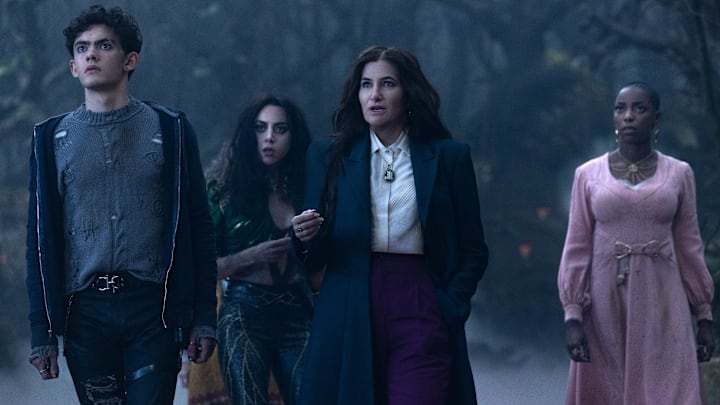 (L-R): Teen (Joe Locke), Rio Vidal (Aubrey Plaza), Agatha Harkness (Kathryn Hahn) and Jennifer Kale (Sasheer Zamata) in Marvel Television's AGATHA ALL ALONG, exclusively on Disney+. Photo by Chuck Zlotnick. © 2024 MARVEL.