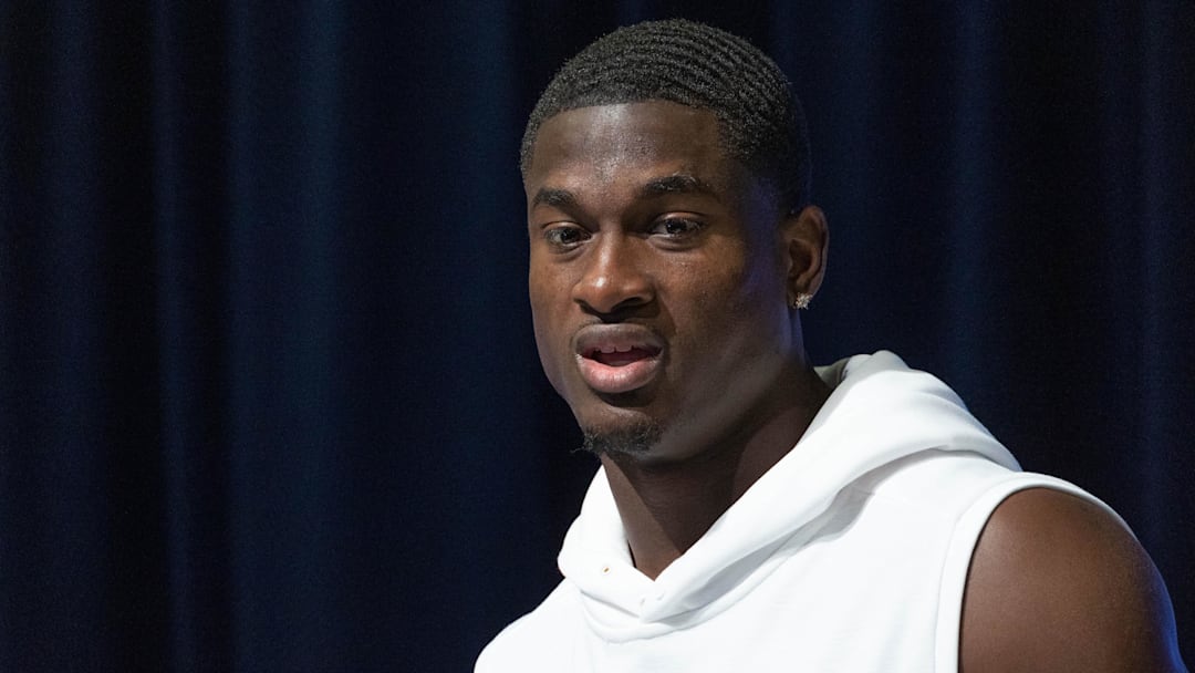 Mar 2, 2023; Indianapolis, IN, USA; Florida defensive back Trey Dean (DB44) speaks to the press at the NFL Combine at Lucas Oil Stadium.