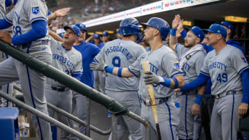 Aug 1, 2024; Detroit, Michigan, USA; Kansas City Royals first base Vinnie Pasquantino (9) celebrates his three run home run in the first inning against the Detroit Tigers at Comerica Park. Mandatory Credit: David Reginek-USA TODAY Sports