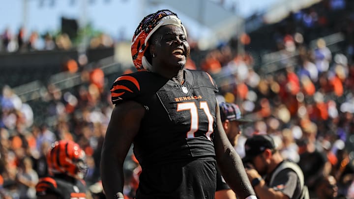 Oct 6, 2024; Cincinnati, Ohio, USA; Cincinnati Bengals offensive tackle Amarius Mims (71) during warmups before the game against the Baltimore Ravens at Paycor Stadium. Mandatory Credit: Katie Stratman-Imagn Images