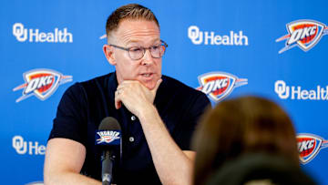 Sam Presti speaks to the press in Oklahoma City, on Tuesday, May 28, 2024.