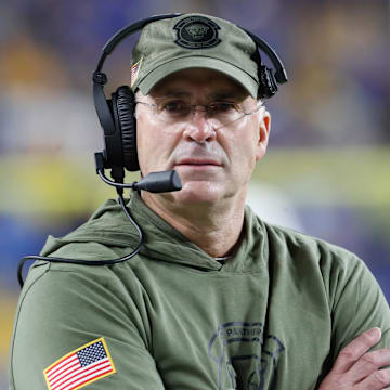 Nov 16, 2023; Pittsburgh, Pennsylvania, USA;  Pittsburgh Panthers head coach Pat Narduzzi on the sidelines against the Boston College Eagles at Acrisure Stadium. Mandatory Credit: Charles LeClaire-Imagn Images