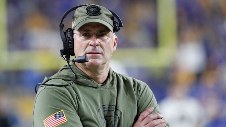 Nov 16, 2023; Pittsburgh, Pennsylvania, USA;  Pittsburgh Panthers head coach Pat Narduzzi on the sidelines against the Boston College Eagles at Acrisure Stadium. Mandatory Credit: Charles LeClaire-Imagn Images