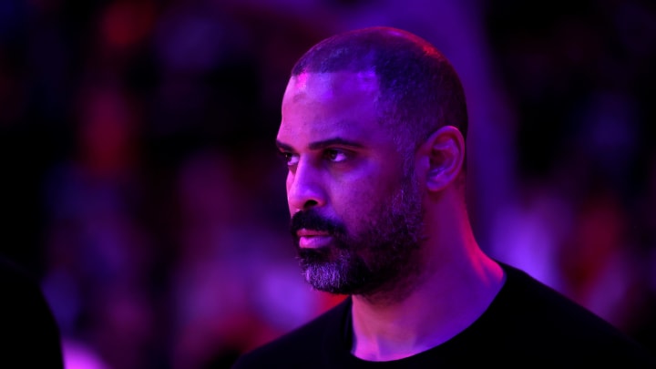 Jan 3, 2024; Houston, Texas, USA; Houston Rockets head coach Ime Udoka during the national anthem prior to the game against the Brooklyn Nets at Toyota Center. Mandatory Credit: Erik Williams-USA TODAY Sports
