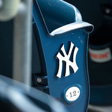 Jul 12, 2020; Bronx, New York, United States; A view of the  New York Yankees logo and seat number of an empty seat during a simulated game during summer camp workouts at Yankee Stadium. Mandatory Credit: Vincent Carchietta-Imagn Images