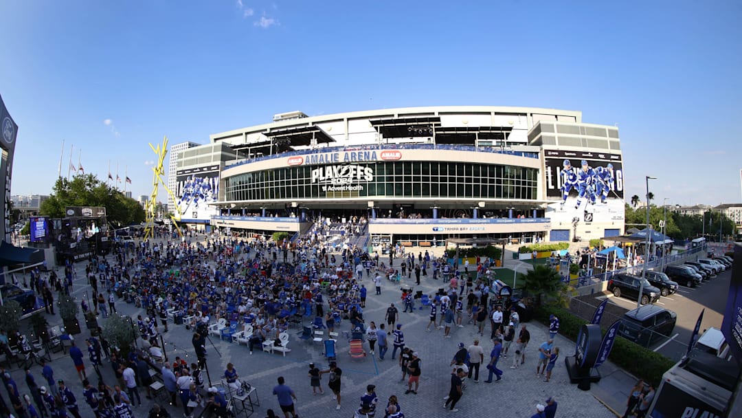 Apr 25, 2024; A general view of Amalie Arena from Thunder Alley before Game 3 between the Tampa Bay Lightning and Florida Panthers. Credit: Kim Klement Neitzel-Imagn Images