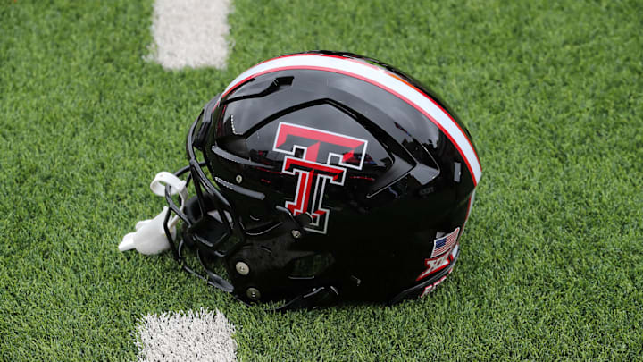 Oct 19, 2024; Lubbock, Texas, USA;  A general view of a Texas Tech Red Raiders helmet on the field before the game against the Baylor Bears at Jones AT&T Stadium and Cody Campbell Field. Mandatory Credit: Michael C. Johnson-Imagn Images