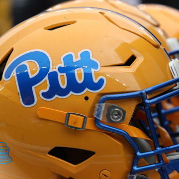 Sep 6, 2025; Pittsburgh, Pennsylvania, USA;  Pittsburgh Panthers helmets on the sidelines against the Central Michigan Chippewas during the first quarter at Acrisure Stadium. Mandatory Credit: Charles LeClaire-Imagn Images