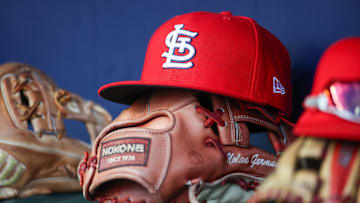 Sep 5, 2023; Atlanta, Georgia, USA; A detailed view of the hat and glove of St. Louis Cardinals second baseman Nolan Gorman (not pictured) before a game against the Atlanta Braves at Truist Park. Mandatory Credit: Brett Davis-Imagn Images