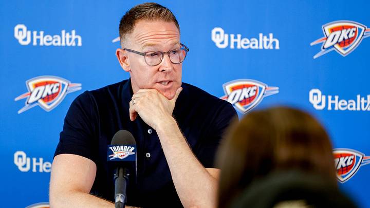 Sam Presti speaks to the press in Oklahoma City, on Tuesday, May 28, 2024.