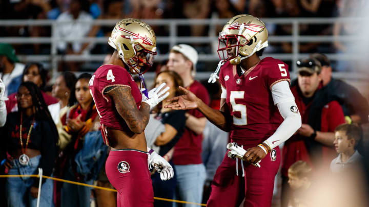 Nov 18, 2023; Tallahassee, Florida, USA; Florida State Seminoles wide receiver Keon Coleman (4) and wide receiver Deuce Spann (5) during the warm ups before the game against the North Alabama Lions at Doak S. Campbell Stadium. Mandatory Credit: Morgan Tencza-USA TODAY Sports