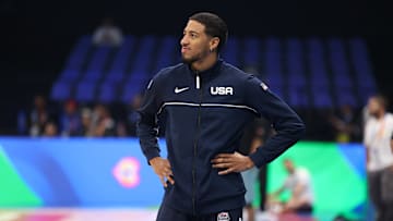 Indiana Pacers guard Tyrese Haliburton looks on while warming up for Team USA in a game vs Jordan as a part of the FIBA Men's Basketball World Cup on August 20, 2023. (Mandatory Photo Credit: Stephen Gosling | USA Basketball)