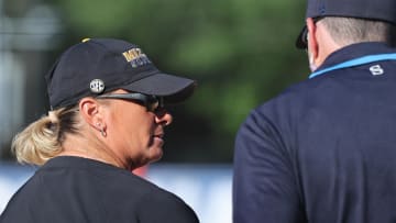 May 9, 2024; Auburn, AL, USA;  Missouri Tigers head coach Larissa Anderson speaks with an umpire during the game against the Florida Gators in the SEC Softball Championship game at Jane B. Moore Field. Mandatory Credit: John Reed-USA TODAY Sports