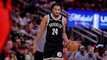 Oct 27, 2025; Houston, Texas, USA; Brooklyn Nets guard Cam Thomas (24) handles the ball against the Houston Rockets during the third quarter at Toyota Center. Mandatory Credit: Erik Williams-Imagn Images
