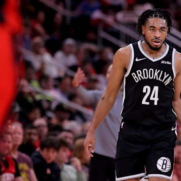 Oct 27, 2025; Houston, Texas, USA; Brooklyn Nets guard Cam Thomas (24) handles the ball against the Houston Rockets during the third quarter at Toyota Center. Mandatory Credit: Erik Williams-Imagn Images

