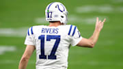 Dec 13, 2020; Paradise, Nevada, USA; Indianapolis Colts quarterback Philip Rivers (17) reacts against the Las Vegas Raiders at Allegiant Stadium. 