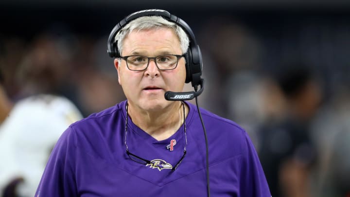 Sep 13, 2021; Paradise, Nevada, USA; Baltimore Ravens offensive line coach Joe D'Alessandris against the Las Vegas Raiders at Allegiant Stadium. Mandatory Credit: Mark J. Rebilas-USA TODAY Sports