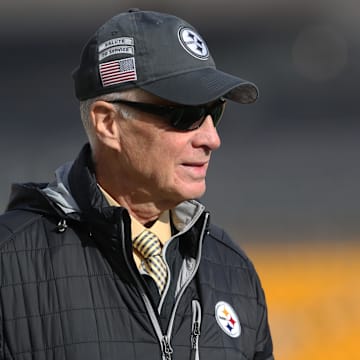 Nov 17, 2024; Pittsburgh, Pennsylvania, USA;  Pittsburgh Steelers owner Art Rooney II walks the field before the game against t he Baltimore Ravens at Acrisure Stadium. Mandatory Credit: Charles LeClaire-Imagn Images