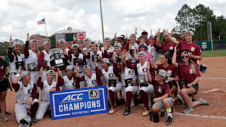 The Florida State Seminoles celebrate their victory over the UNC Tar Heels for the ACC Softball Championship title Saturday, May 11, 2019. 

Fsu V Unc Acc Softball1140