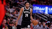 Oct 27, 2025; Houston, Texas, USA; Brooklyn Nets guard Cam Thomas (24) handles the ball against the Houston Rockets during the third quarter at Toyota Center. Mandatory Credit: Erik Williams-Imagn Images
