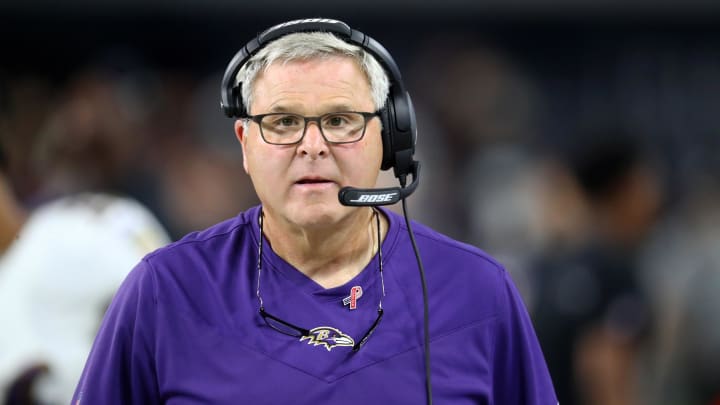 Sep 13, 2021; Paradise, Nevada, USA; Baltimore Ravens offensive line coach Joe D'Alessandris against the Las Vegas Raiders at Allegiant Stadium. Mandatory Credit: Mark J. Rebilas-USA TODAY Sports