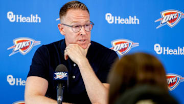 Sam Presti speaks to the press in Oklahoma City, on Tuesday, May 28, 2024.