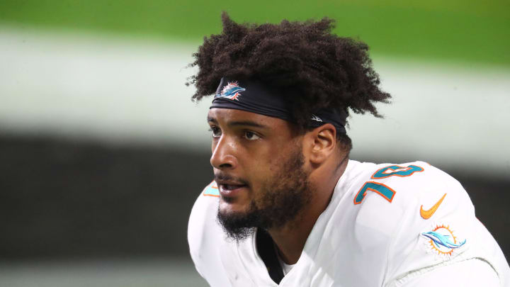 Dec 26, 2020; Paradise, Nevada, USA; Miami Dolphins offensive tackle Julien Davenport (70) against the Las Vegas Raiders at Allegiant Stadium. Mandatory Credit: Mark J. Rebilas-USA TODAY Sports