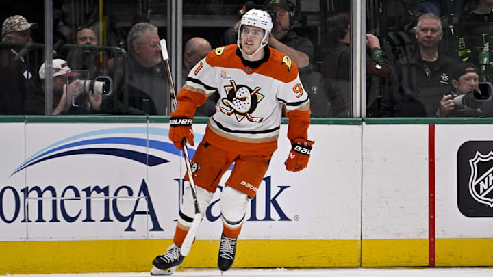 Mar 18, 2025; Dallas, Texas, USA; Anaheim Ducks center Leo Carlsson (91) celebrates after he scores a goal on a penalty shot against Dallas Stars goaltender Jake Oettinger (not pictured) during the second period at the American Airlines Center. Mandatory Credit: Jerome Miron-Imagn Images