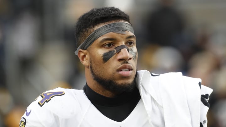 Dec 11, 2022; Pittsburgh, Pennsylvania, USA;  Baltimore Ravens cornerback Marlon Humphrey (44) looks on from the sidelines against the Pittsburgh Steelers during the fourth quarter at Acrisure Stadium. Baltimore won 16-14. Mandatory Credit: Charles LeClaire-USA TODAY Sports