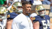Apr 12, 2025; Notre Dame, IN, USA; Notre Dame Fighting Irish head coach Marcus Freeman waits to run onto the field during the Blue-Gold game at Notre Dame Stadium. 