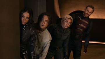 (L-R) Ghost (Hannah John-Kamen), Bob (Lewis Pullman), Yelena Belova (Florence Pugh) and John Walker (Wyatt Russell) in Marvel Studios' THUNDERBOLTS*. Photo by Chuck Zlotnick. © 2025 MARVEL. All Rights Reserved.