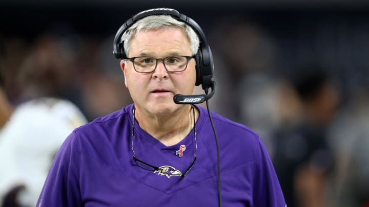 Sep 13, 2021; Paradise, Nevada, USA; Baltimore Ravens offensive line coach Joe D'Alessandris against the Las Vegas Raiders at Allegiant Stadium. Mandatory Credit: Mark J. Rebilas-USA TODAY Sports