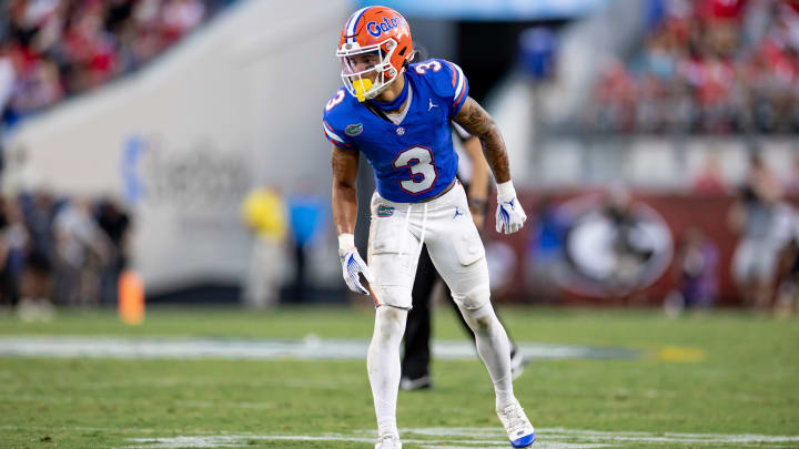 Florida Gators wide receiver Eugene Wilson III (3) waits at the line of scrimmage during the second half against the Georgia Bulldogs at Everbank Stadium in Jacksonville, FL on Saturday, October 28, 2023. [Matt Pendleton/Gainesville Sun]