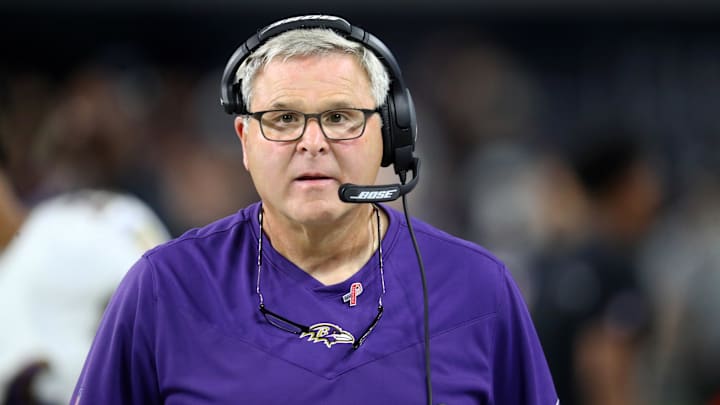 Sep 13, 2021; Paradise, Nevada, USA; Baltimore Ravens offensive line coach Joe D'Alessandris against the Las Vegas Raiders at Allegiant Stadium. Mandatory Credit: Mark J. Rebilas-Imagn Images