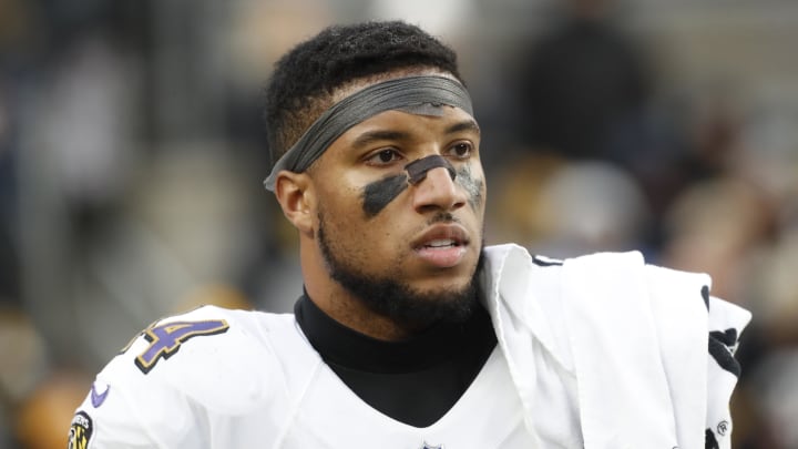 Dec 11, 2022; Pittsburgh, Pennsylvania, USA;  Baltimore Ravens cornerback Marlon Humphrey (44) looks on from the sidelines against the Pittsburgh Steelers during the fourth quarter at Acrisure Stadium. Baltimore won 16-14. Mandatory Credit: Charles LeClaire-USA TODAY Sports