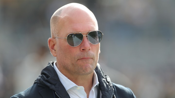 Baltimore Ravens general manager Eric DeCosta watches warm ups against the Pittsburgh Steelers. Baltimore Ravens general manager Eric DeCosta watches warm ups against the Pittsburgh Steelers.