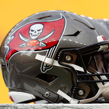 Tampa Bay Buccaneers helmets on the sidelines before the game against the Pittsburgh Steelers.