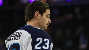 Mar 19, 2024; New York, New York, USA; Winnipeg Jets center Sean Monahan (23) skates during warmups before the first period at Madison Square Garden. Mandatory Credit: Danny Wild-USA TODAY Sports