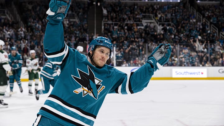 Dec 31, 2025; San Jose, California, USA;  San Jose Sharks left wing Jeff Skinner (53) reacts after scoring against the Minnesota Wild during the second period at SAP Center at San Jose. Mandatory Credit: John Hefti-Imagn Images