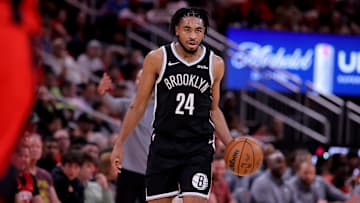 Oct 27, 2025; Houston, Texas, USA; Brooklyn Nets guard Cam Thomas (24) handles the ball against the Houston Rockets during the third quarter at Toyota Center. Mandatory Credit: Erik Williams-Imagn Images
